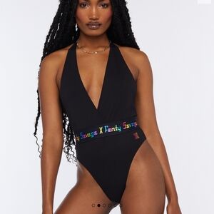 Savage x Fenty Missy Forever Rainbow Logo Halter Bodysuit Black Size Medium